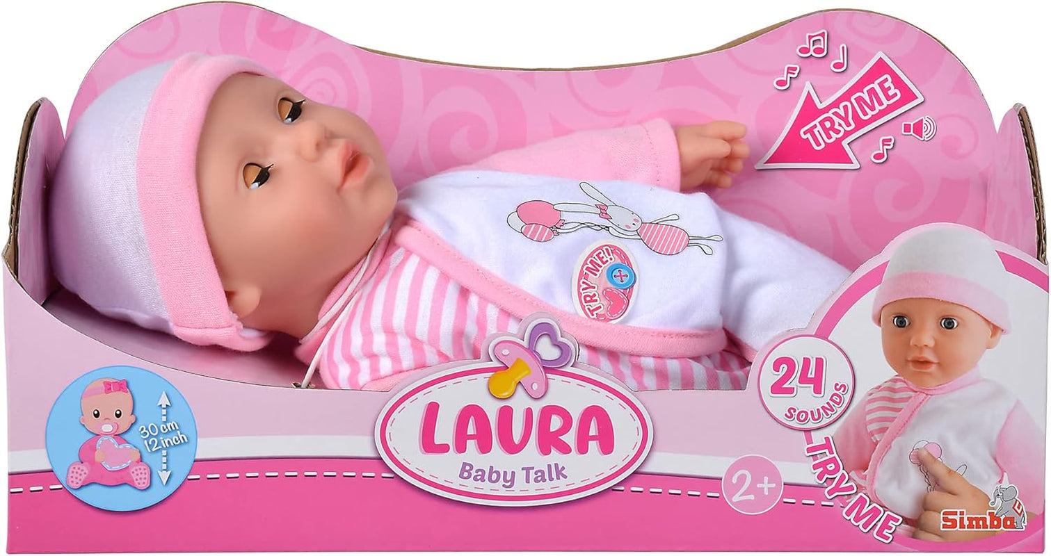 Simba 105140020 - Panenka My Love Baby Talk Měkké tělo s ospalýma očima v roztomilých šatech vydává 24 dětských zvuků 30cm panenka od 2 let Bílé růžové panenky Naty Shop Čepice
