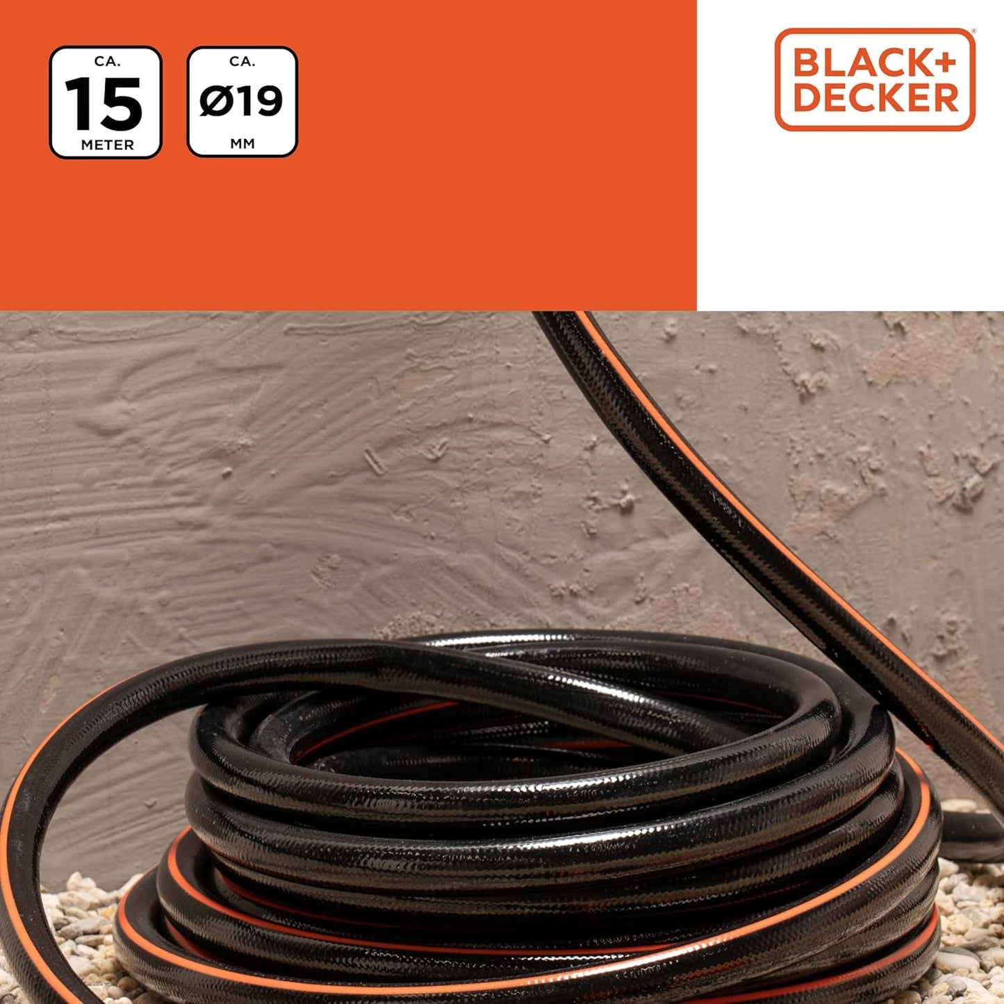 Zahradní hadice BLACK+DECKER 15 metrů - Ø19MM - Odolné PVC - Zalévání zahrady, mytí auta, napouštění bazénu - Kompatibilní s jakoukoli standardní baterií - Černá/Oranžová