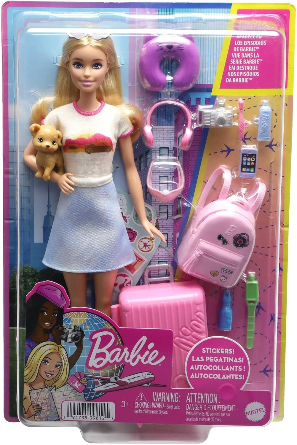 Panenka Barbie, Cestovní Barbie s blond vlasy, 10+ Cestovní doplňky, Nálepky, Kufr, Štěně, Obsahuje 1 panenku, Dárek pro děti, Hračka od 3 let, HJY18