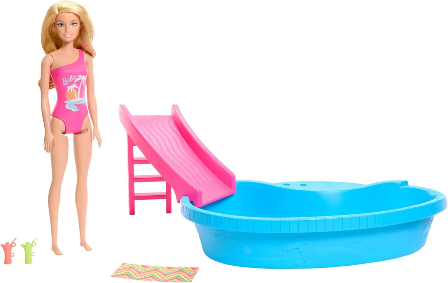 Panenka Barbie a doplňky - bazén se skluzavkou a doplňky pro hodiny zábavy na slunci, růžové plavky s tropickým designem, pro děti od 3 let, HRJ74