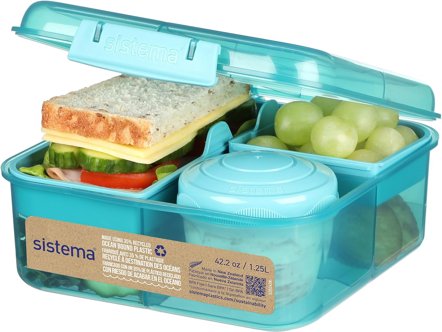 Systém obědových boxů Bento Box TO GO s přihrádkami | Box na oběd 1,25 l s nádobou na jogurt/ovoce | pro děti i dospělé l | Bez BPA Minty Teal [21685-8T], mátově zelená Dózy na potraviny Naty Shop Mint zelená (recyklovaný plast) 1,25 l