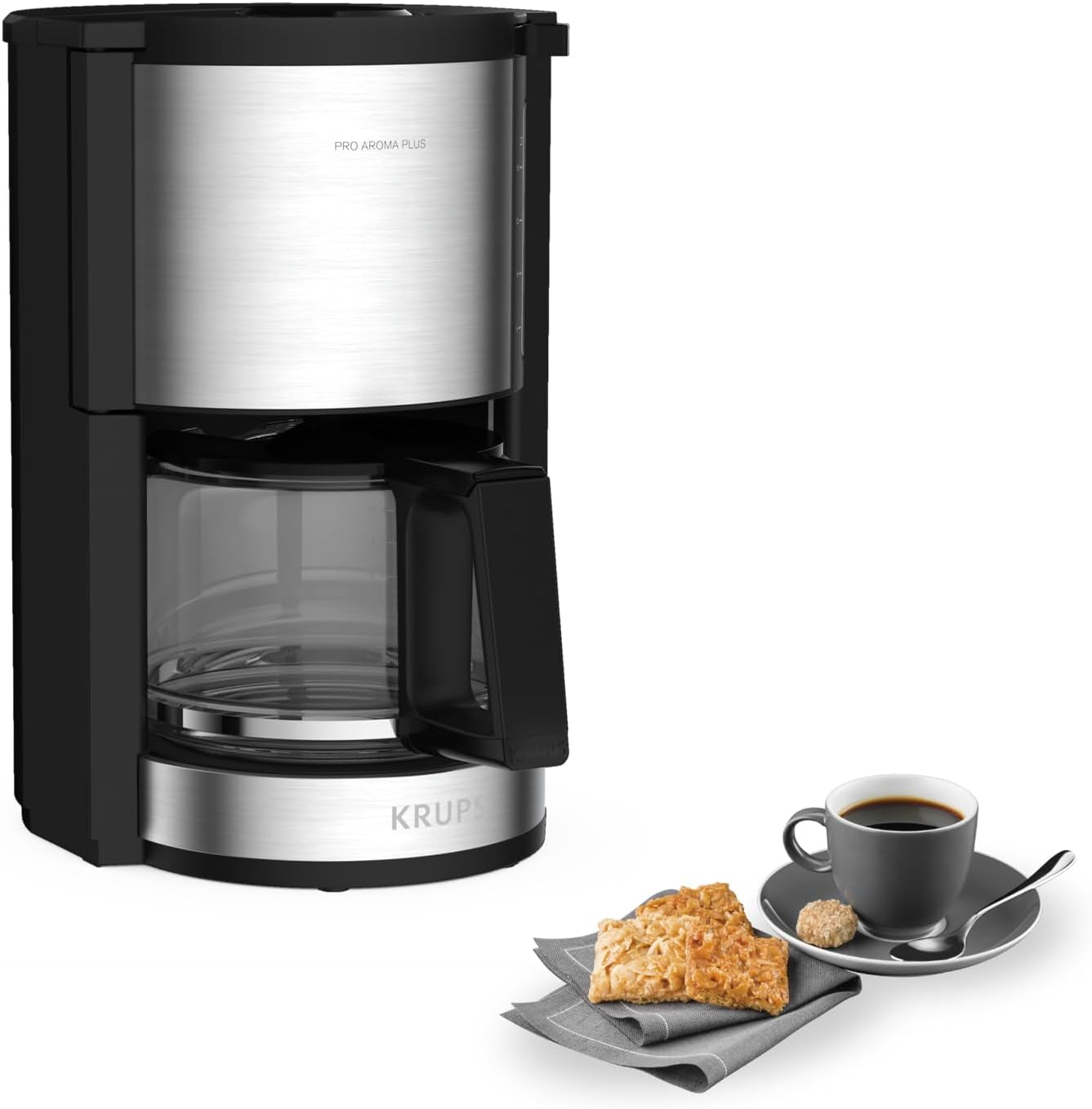 Espresso kávovar Krups KM3210 Pro Aroma Plus, 10 šálků, 1,25 l, udržování teploty po dobu 30 minut, viditelné okénko hladiny vody, systém proti odkapávání, černý s nerezovými aplikacemi