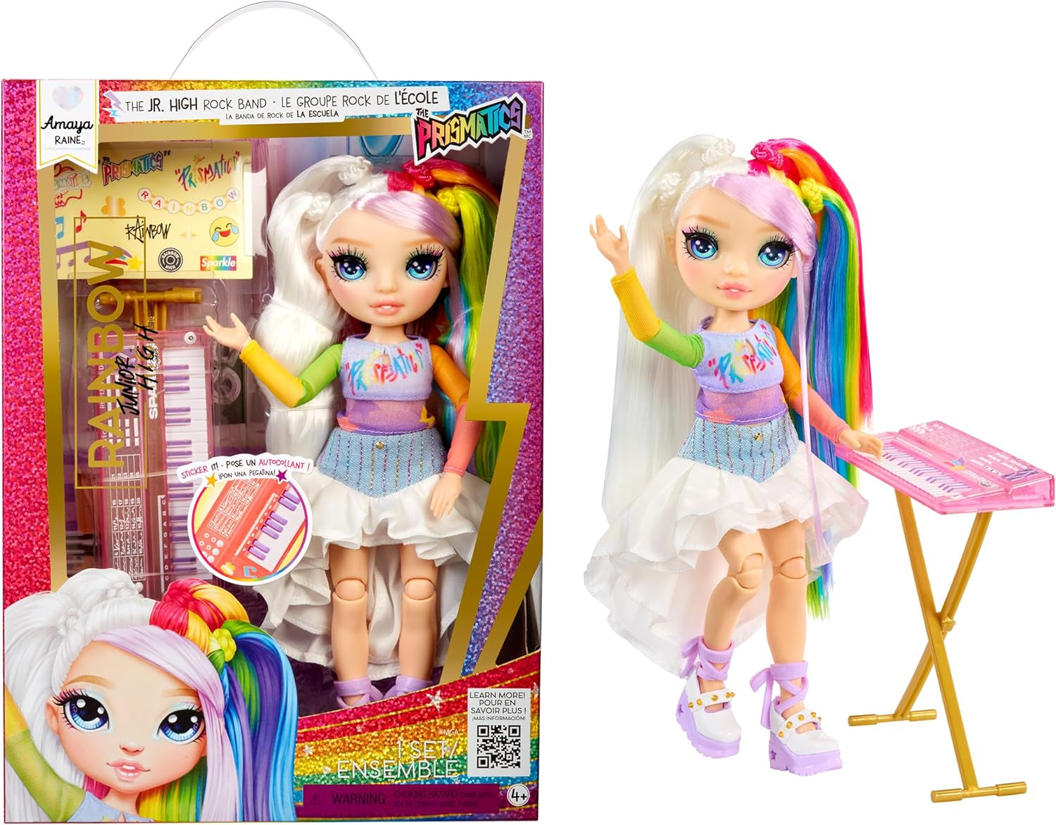 Rainbow High Junior High Rock Band - Amaya, Rainbow Colors - 23cm módní panenka s klávesnicí, přizpůsobitelné pomocí samolepek, kloubové, roztomilá hračka pro děti od 4 let