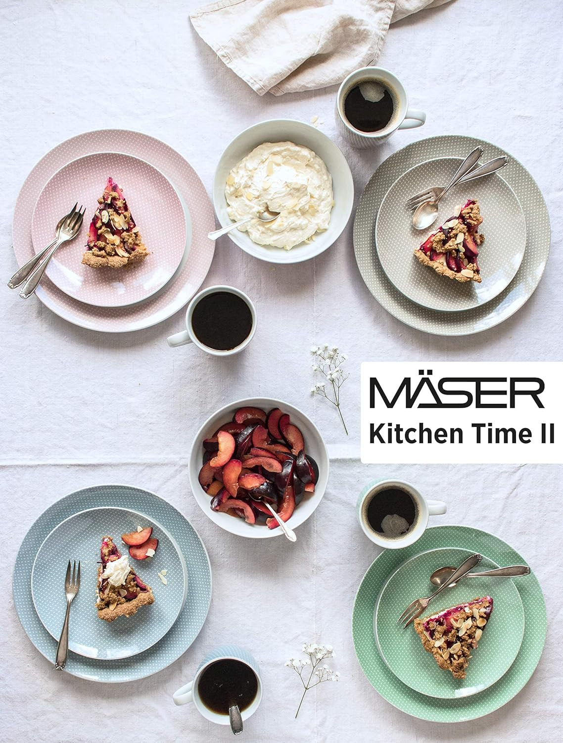 MÄSER Kitchen Time II, Sada nádobí pro 4, Kombinovaná služba se 16 kusy v pastelových barvách s jemným vzorem, Porcelán, Růžová