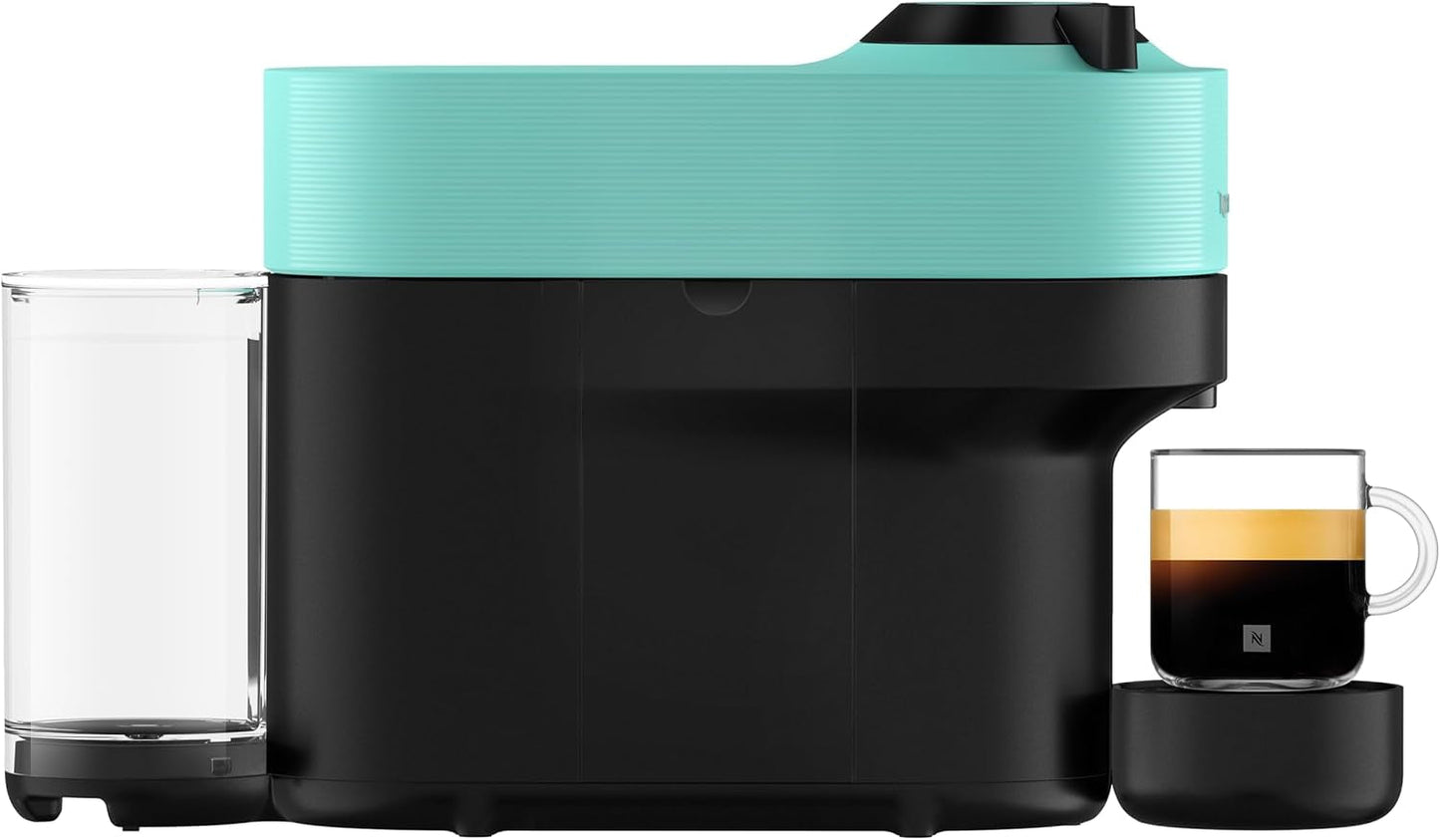 Espresso kávovar s kapslemi Nespresso Krups Vertuo Pop, objem: 560 ml, automatické rozpoznání kapslí, systém jedním dotykem, 4 velikosti šálků, zkrácená doba ohřevu, udržitelný, Aqua Mint, XN9204