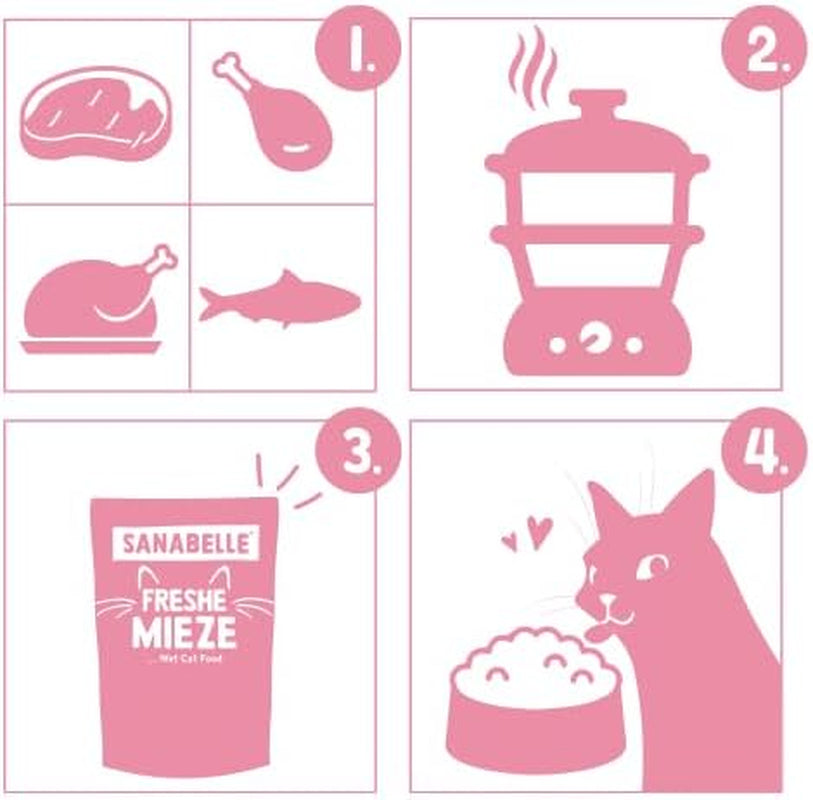 Sanabelle Freshe Mieze - Mixtray | 10 x 100g Mixpack | 4 lahodné druhy krmiva pro kočky k vyzkoušení | Mokré krmivo pro kočky v páře, stejně jako čerstvě uvařené