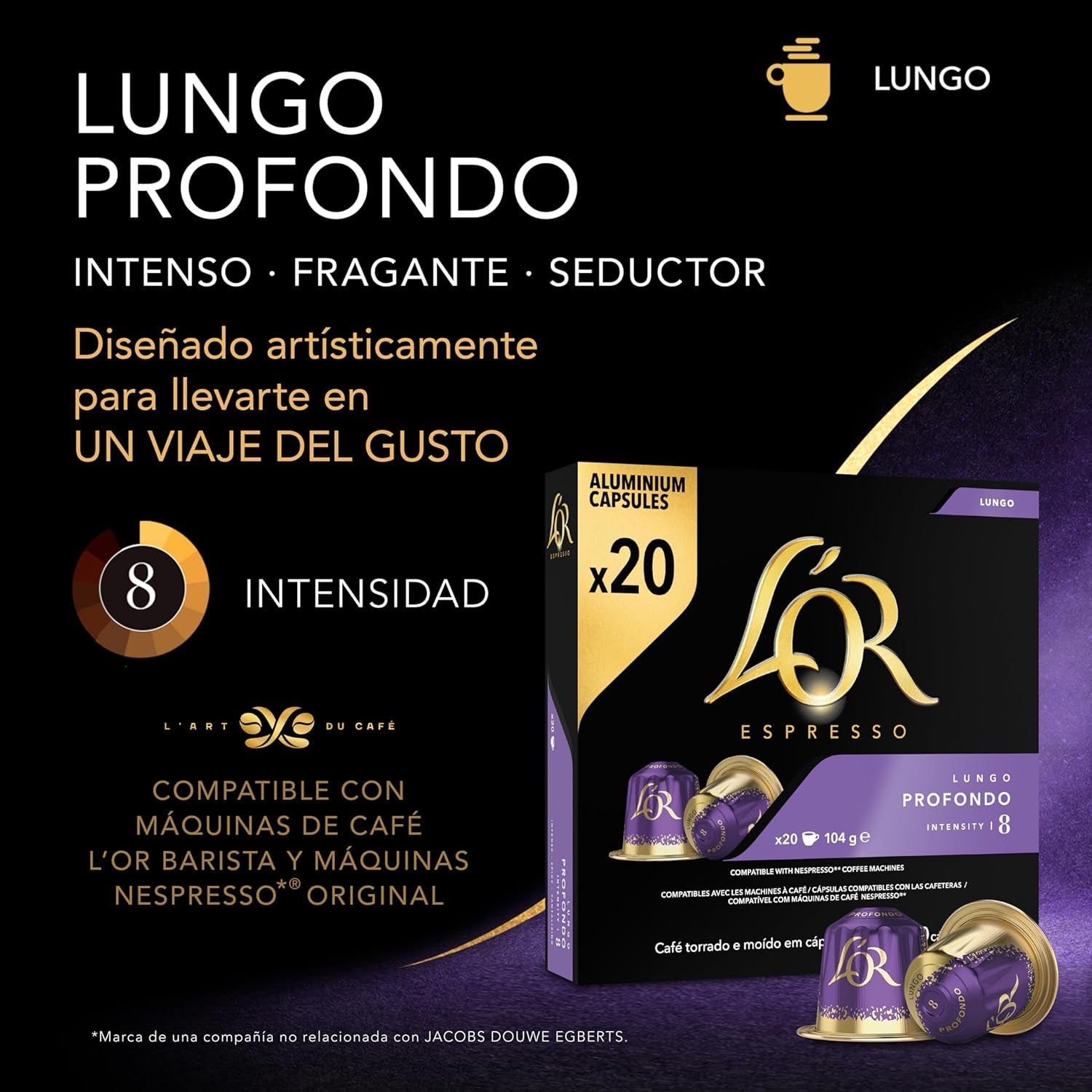 L'OR Espresso Koffiecups Lungo Profondo (200 kapslí Lungo Koffie, Gesicht voor Nespresso* Koffiemachines, Intensity 08/12, 100% Arabica Koffie, UTZ Gecertificeerd), 10 x 20 šálků