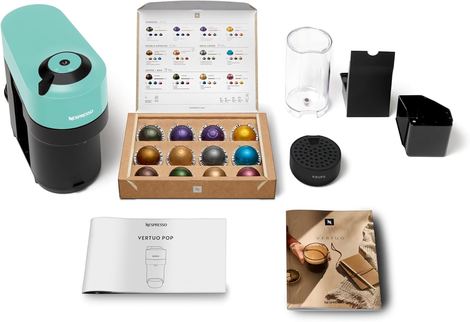 Espresso kávovar s kapslemi Nespresso Krups Vertuo Pop, objem: 560 ml, automatické rozpoznání kapslí, systém jedním dotykem, 4 velikosti šálků, zkrácená doba ohřevu, udržitelný, Aqua Mint, XN9204