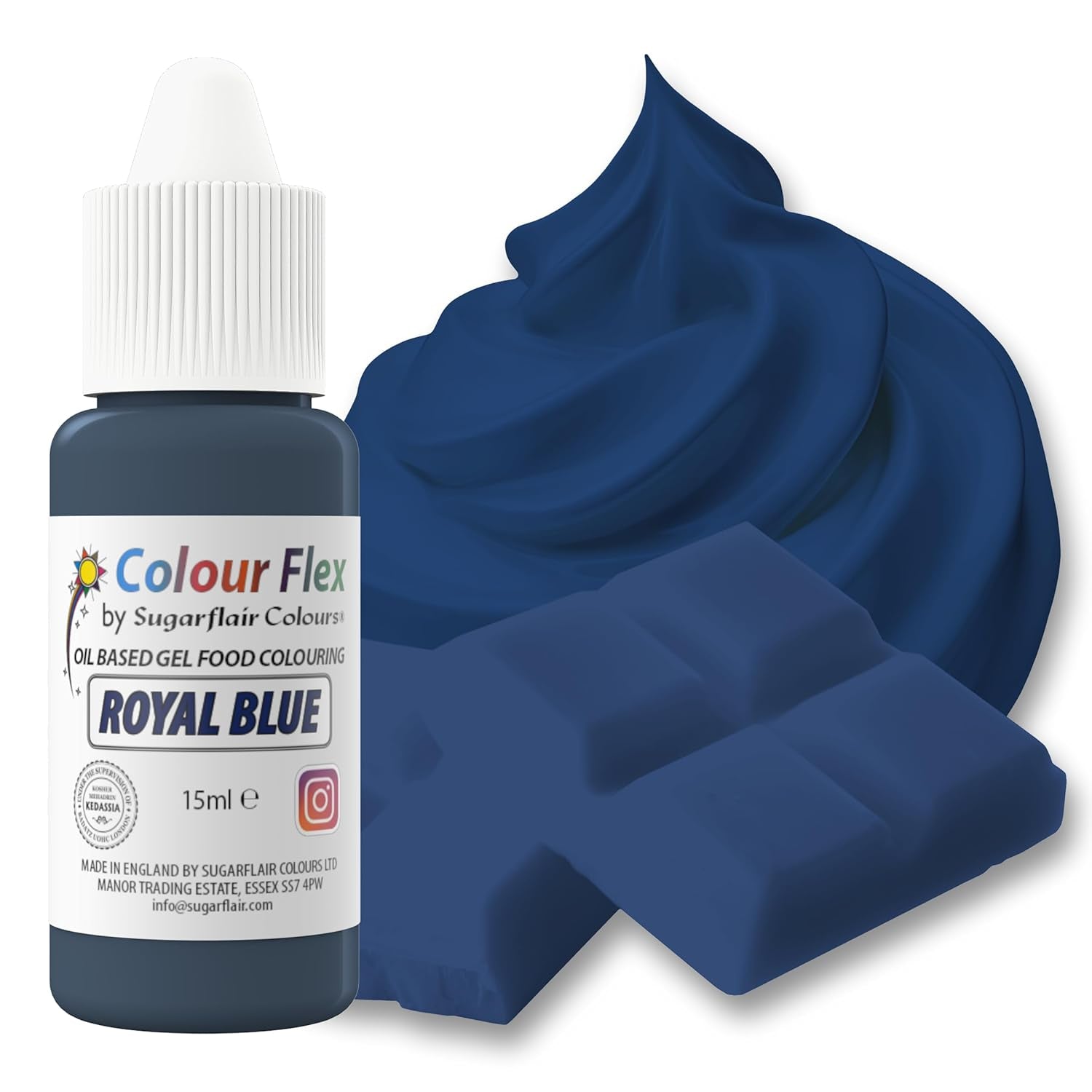 Sugarflair Colourflex Potravinářské barvivo na olejové bázi, královská modř, vysoce koncentrované tekuté potravinářské barvivo, potravinářské barvivo pro máslový krém, čokoládu, těsto, fondant, polevu a další – 15 ml