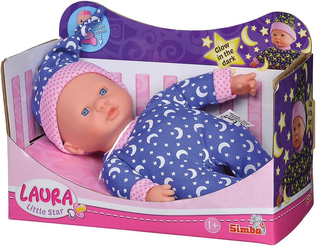 Simba 105010010 - Panenka Laura Little Star Soft Body ve sladkých šatech a klobouku s třpytivými měsíci a hvězdami Panenka 20 cm Zářící ve tmě na 12 měsíců + Modré panenky Naty Shop