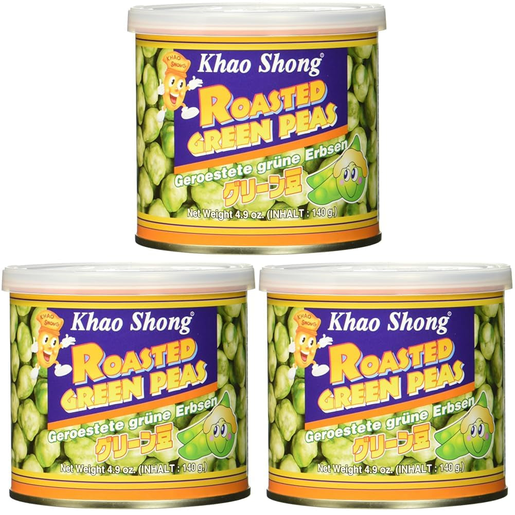 Khao Shong smažený zelený hrášek s wasabi, křupavý hrášek v pikantním těstíčku, nízkotučná alternativa k ořechům, středně pikantní, 1 plechovka 140 g | 140 g (1 balení)