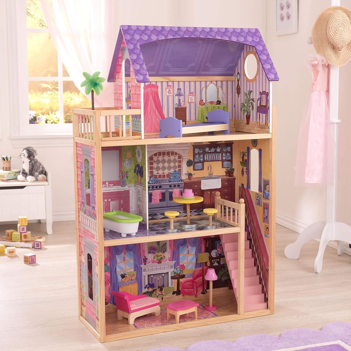 KidKraft Kayla dřevěný domeček pro panenky s nábytkem a doplňky, 3patrová herní sada pro 30cm panenku, hračka pro děti od 3 let, 65092 – exkluzivně na Amazonu