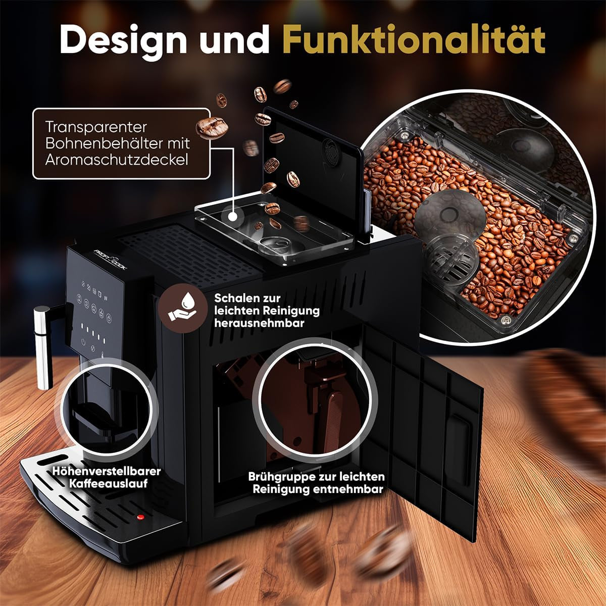 Plně automatický espresso kávovar ProfiCook® s napěňovačem mléka na cappuccino | Kuželový mlýnek | s funkcí ohřevu šálků | Italská profesionální pumpa | Dotykový displej | Espresso | PC KAV 1281