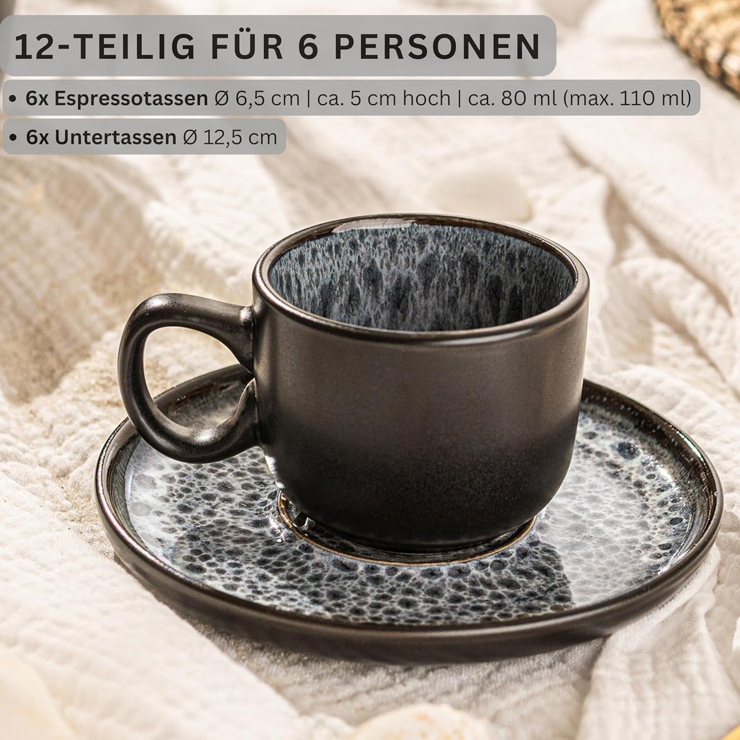 SANGER Sydney | Keramický šálek na espresso sada 12 ks, sada mocha šálků pro 6 ks, šálky a podšálky, vhodné do myčky a mikrovlnné trouby, tmavě šedá, 80 ml | SBÍRKA HODNOT