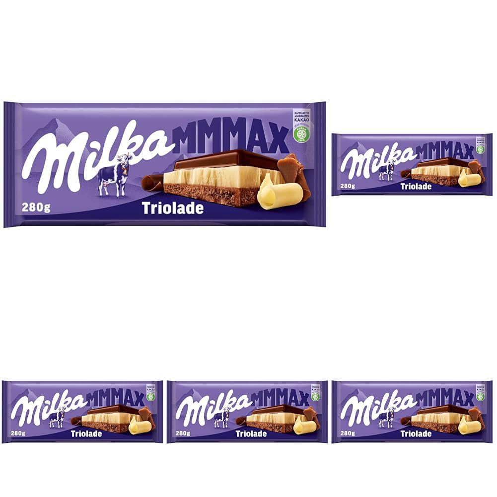 Milka Triolade 1 x 280g | Velká třívrstvá čokoládová tyčinka | Čokoláda z alpského mléka, bílá a hořká čokoláda | Čokoláda Milka ze 100% alpského mléka | Čokoládové tyčinky (balení 5 ks)