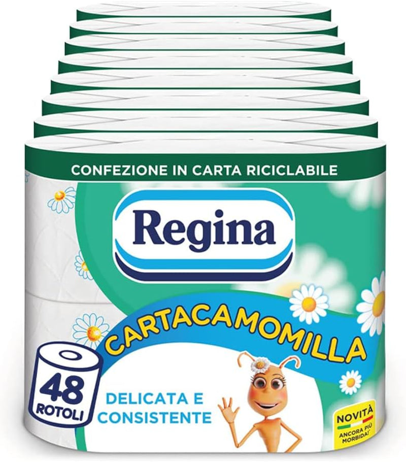 Regina Cartacamomilla – 8 rolí toaletního papíru, 300 načechraných listů, 3 vrstvy, měkký a pevný, obal z recyklovatelného papíru
