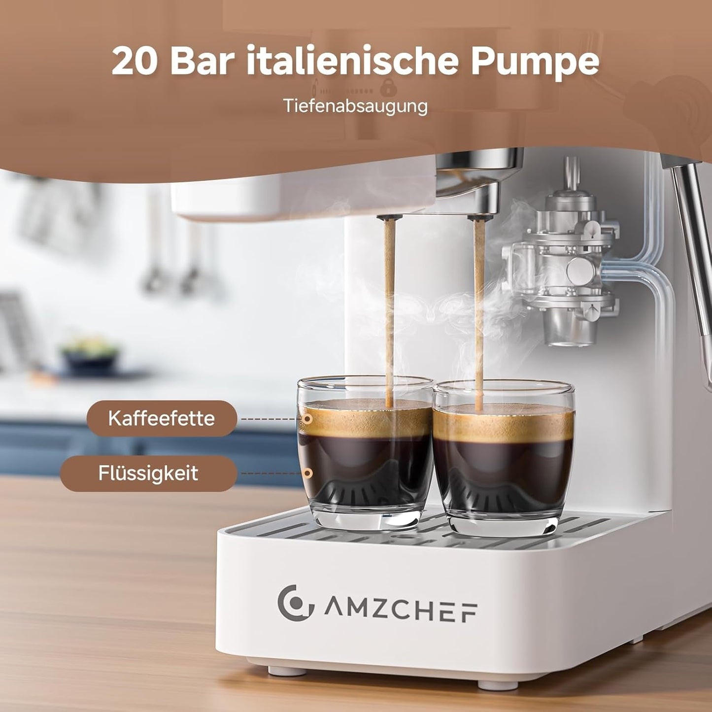 Espresso kávovar AMZCHEF 20 bar, LED displej, profesionální napěňovač mléka a parní tryska z nerezové oceli, 1,5 l vyjímatelná nádrž, 1350 W rychlý ohřev, bílá