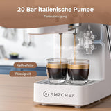 Espresso kávovar AMZCHEF 20 bar, LED displej, profesionální napěňovač mléka a parní tryska z nerezové oceli, 1,5 l vyjímatelná nádrž, 1350 W rychlý ohřev, bílá