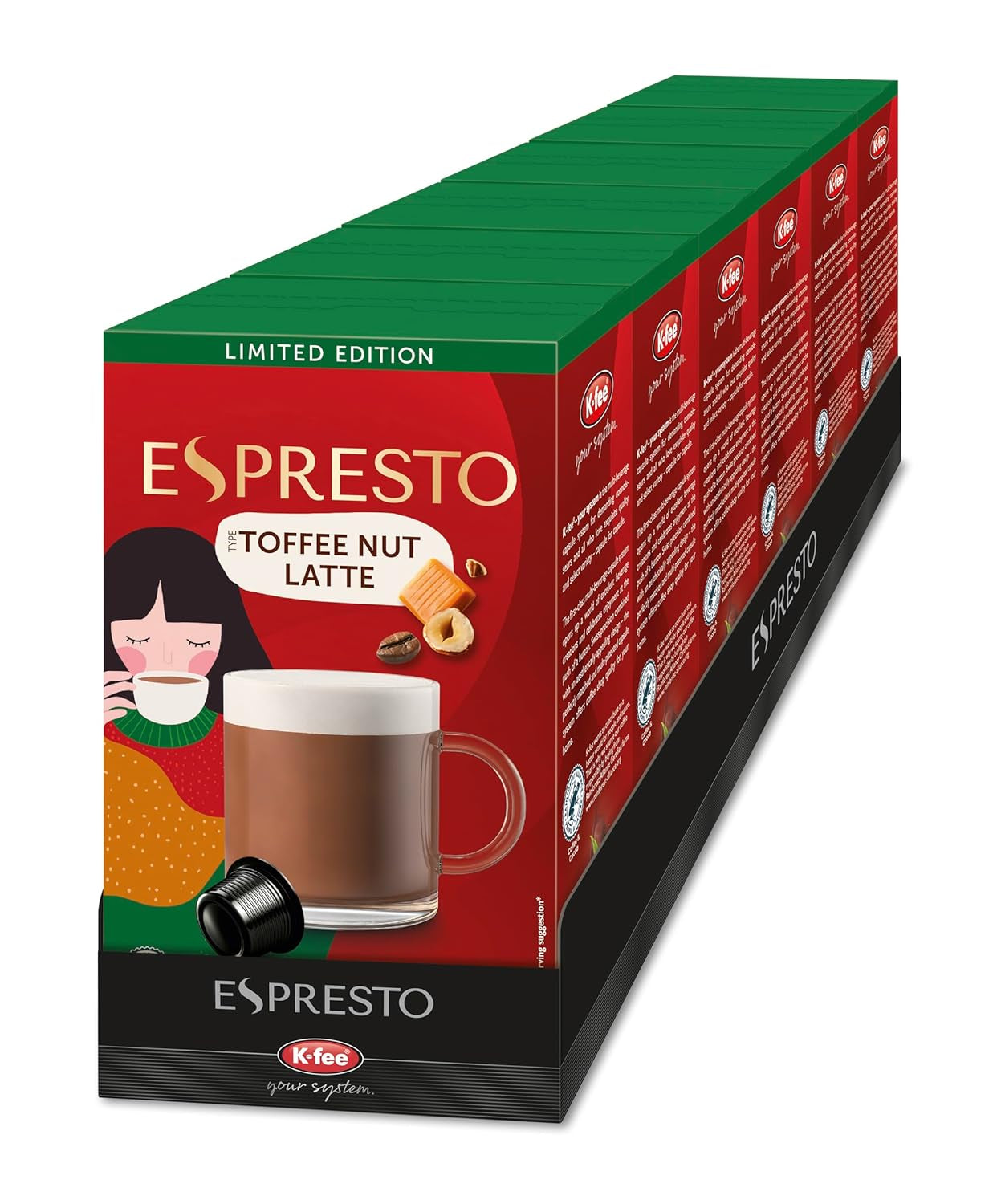 ESPRESTO Toffee Nut Latte, kompatibilní s K-fee & ALDI EXPRESSI*, ochucená mléčná káva, certifikace RFA, 96 kapslí