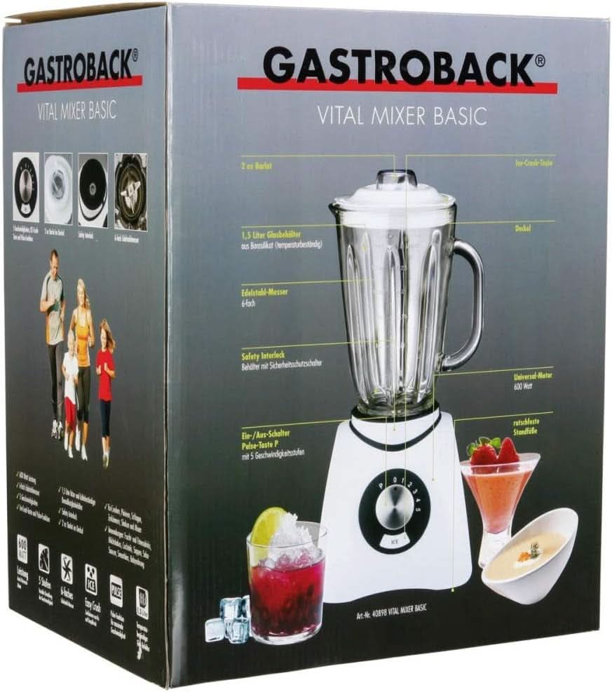 Gastroback 40898 Vital Basic, Mit Integrierter Ice-Crush Funktion, Leistungsstarker 600 W motorový mixér, Kunststoff, 1,5 litru, Weiß Kitchen Naty Shop