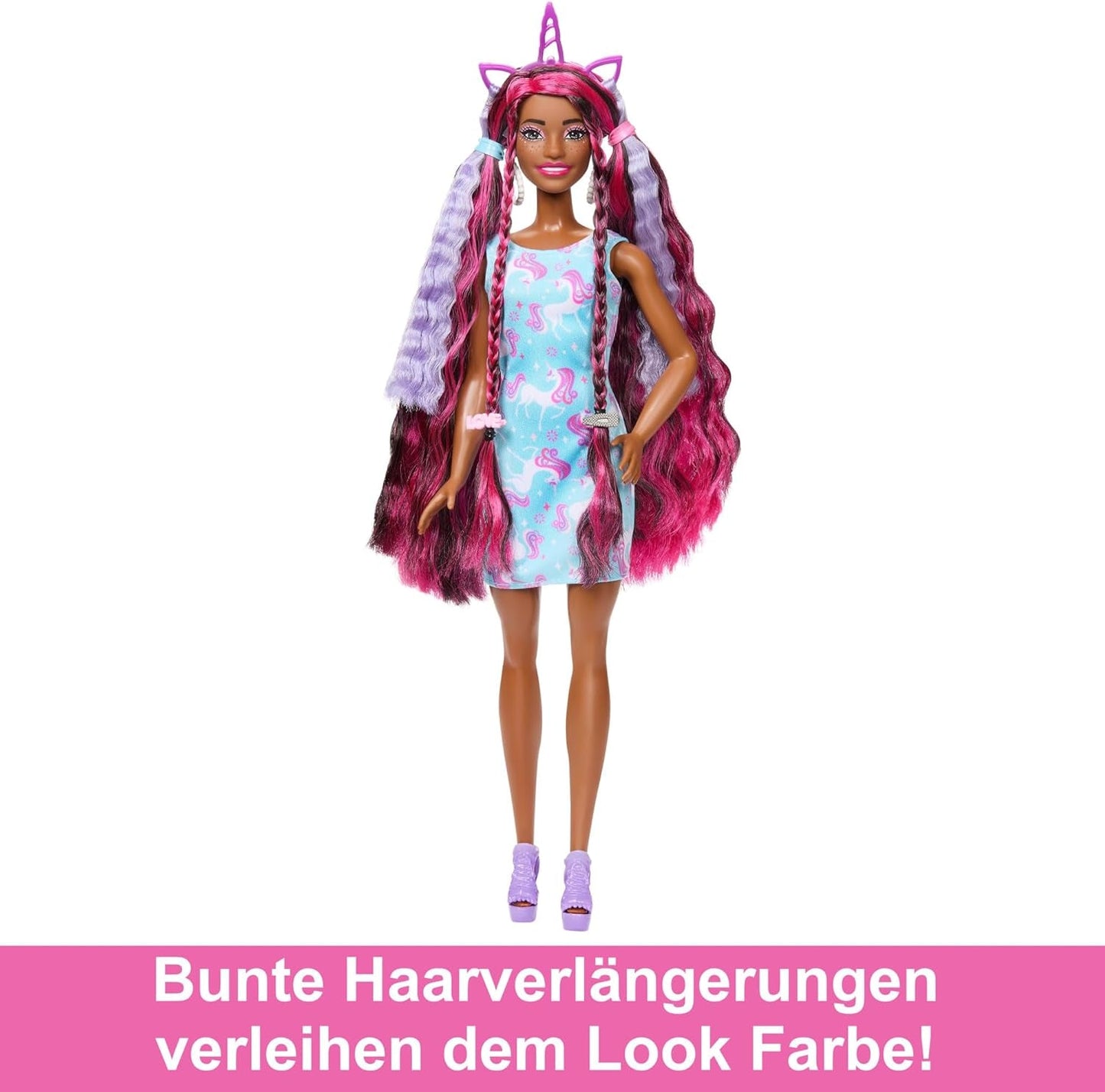 Panenka Barbie Zábavné stylové vlasy s extra dlouhými barevnými černými vlasy a jiskřivě růžovými šaty 10 Účes a módní doplňky JDC86