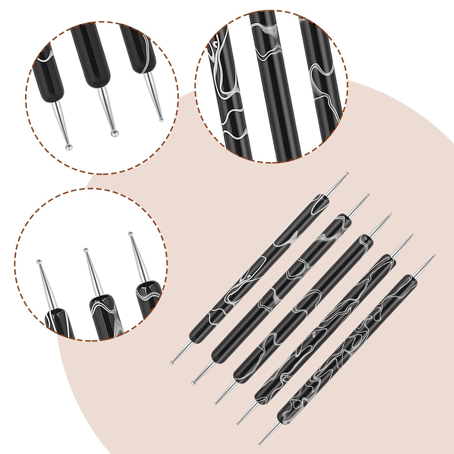 5 Stück Nail Design Tečkovací nástroje Nagelkunst Werkzeug Nagelpunkt Pinsel Punktierung Stift Marbleizing Werkzeug Für Nagelack Maniküre, Schwarz