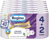 Regina Feeling – 42 rolí toaletního papíru, 175 listů se třemi vrstvami, přírodní extrakt z bavlny a jemná vůně, 60 % recyklovaný plastový obal, 100 % certifikovaný papír Fsc