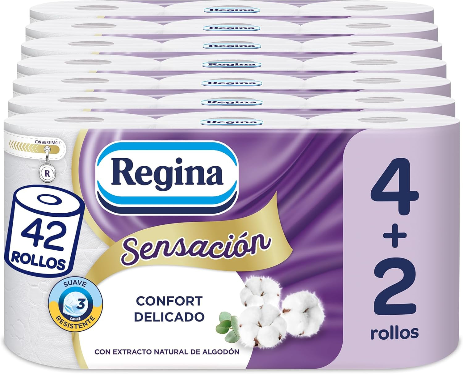 Regina Feeling – 42 rolí toaletního papíru, 175 listů se třemi vrstvami, přírodní extrakt z bavlny a jemná vůně, 60 % recyklovaný plastový obal, 100 % certifikovaný papír Fsc