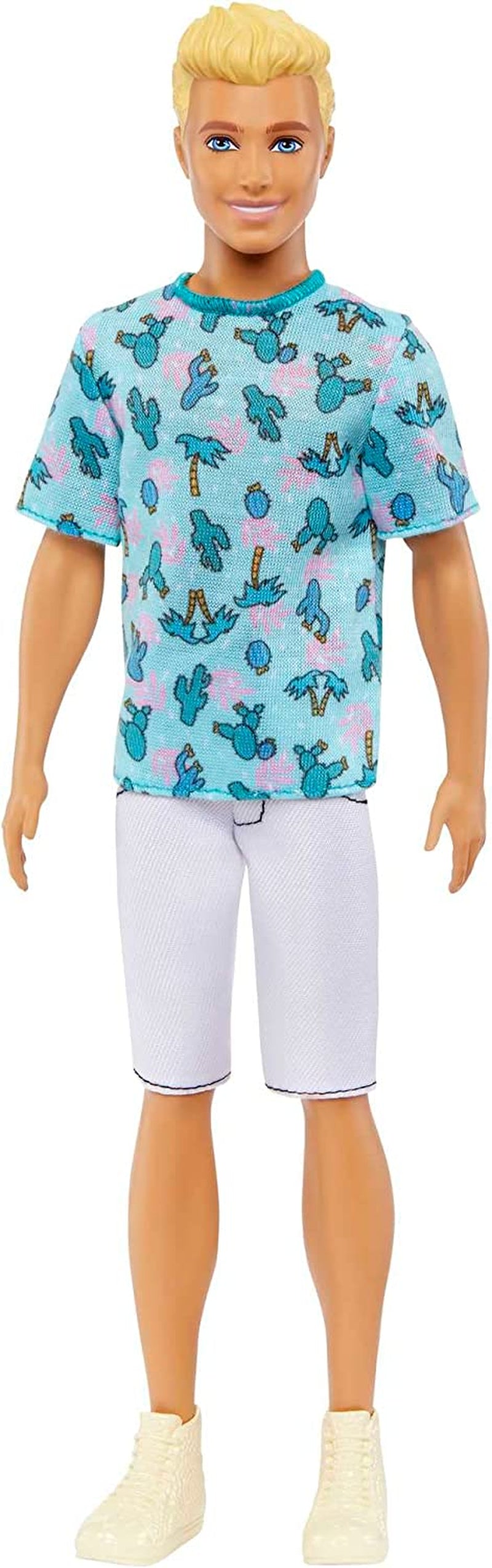 Panenka Barbie Ken Fashionistas - tričko s kaktusovým a palmovým potiskem, bílé šortky a tenisky, perfektní na dobrodružství s přáteli a procházky po městě, pro děti od 3 let, HJT10 Naty Shop panenky Ken Blue Shirt