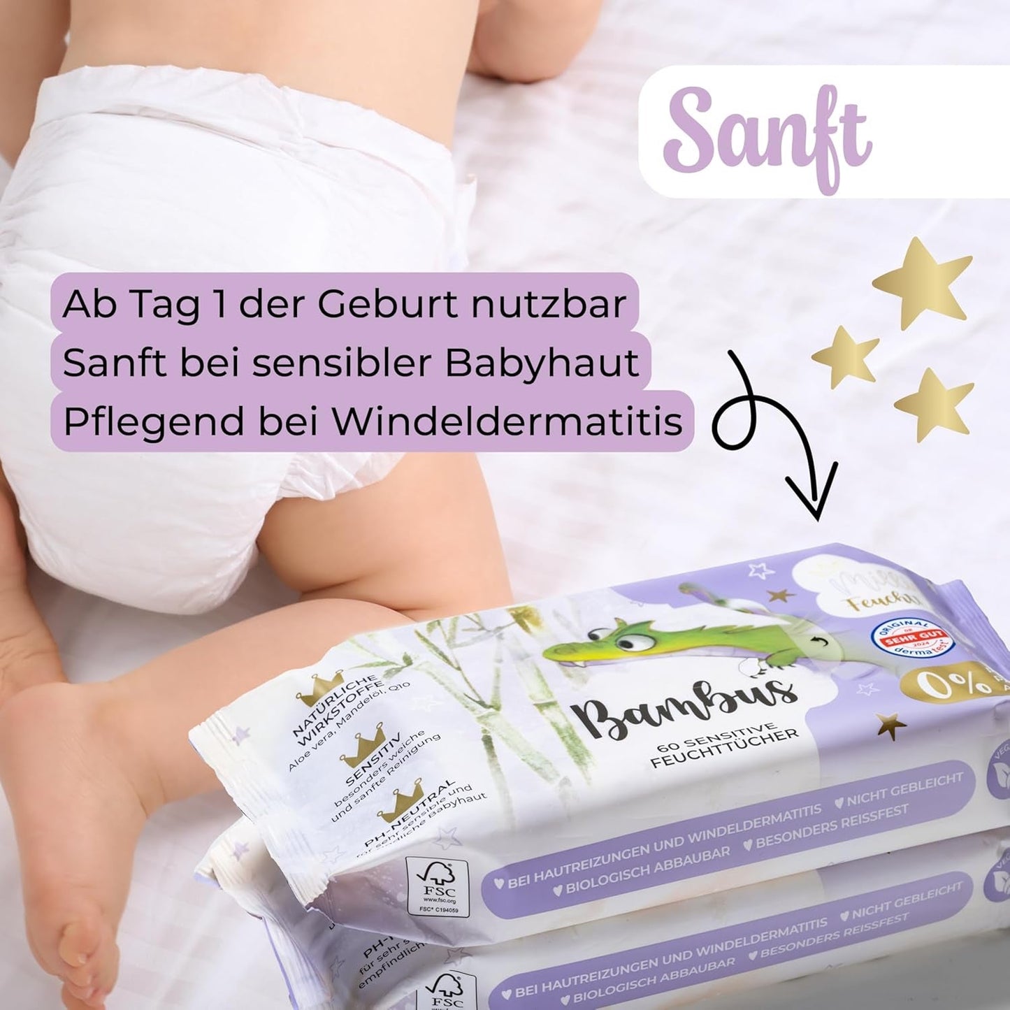 Millis Bamboo Baby Sensitive vlhčené ubrousky pro jemnou dětskou pokožku - 5 x 60 kusů - Přírodní, šetrné a udržitelné čištění - Biologicky odbouratelné dětské ubrousky, bez plastů a alkoholu