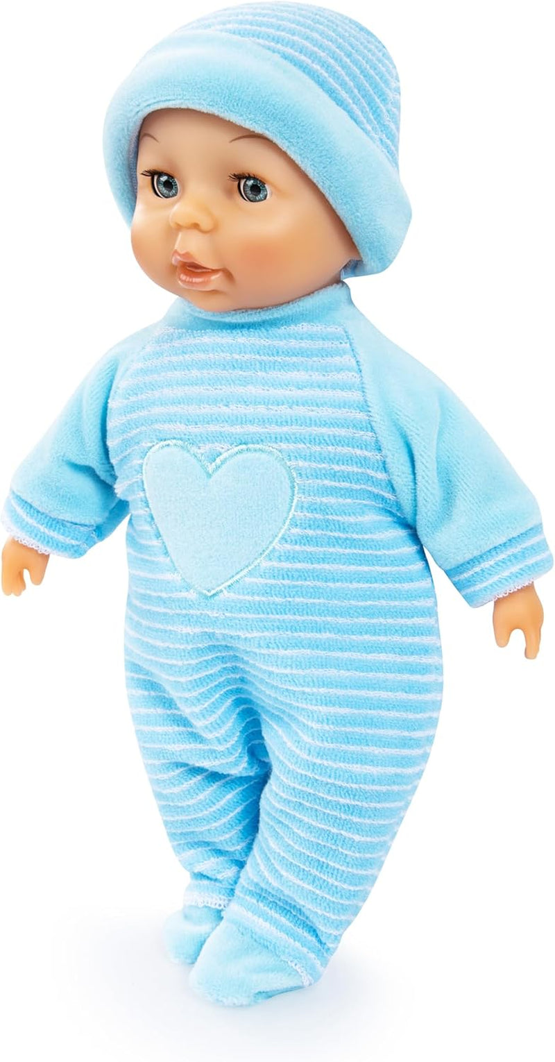 Bayer Design 92802AU Moje první miminko 28 cm, panenka, panenka s měkkým tělem a spícíma očima, velmi šikovná, roztomilý outfit, modrá se srdcem