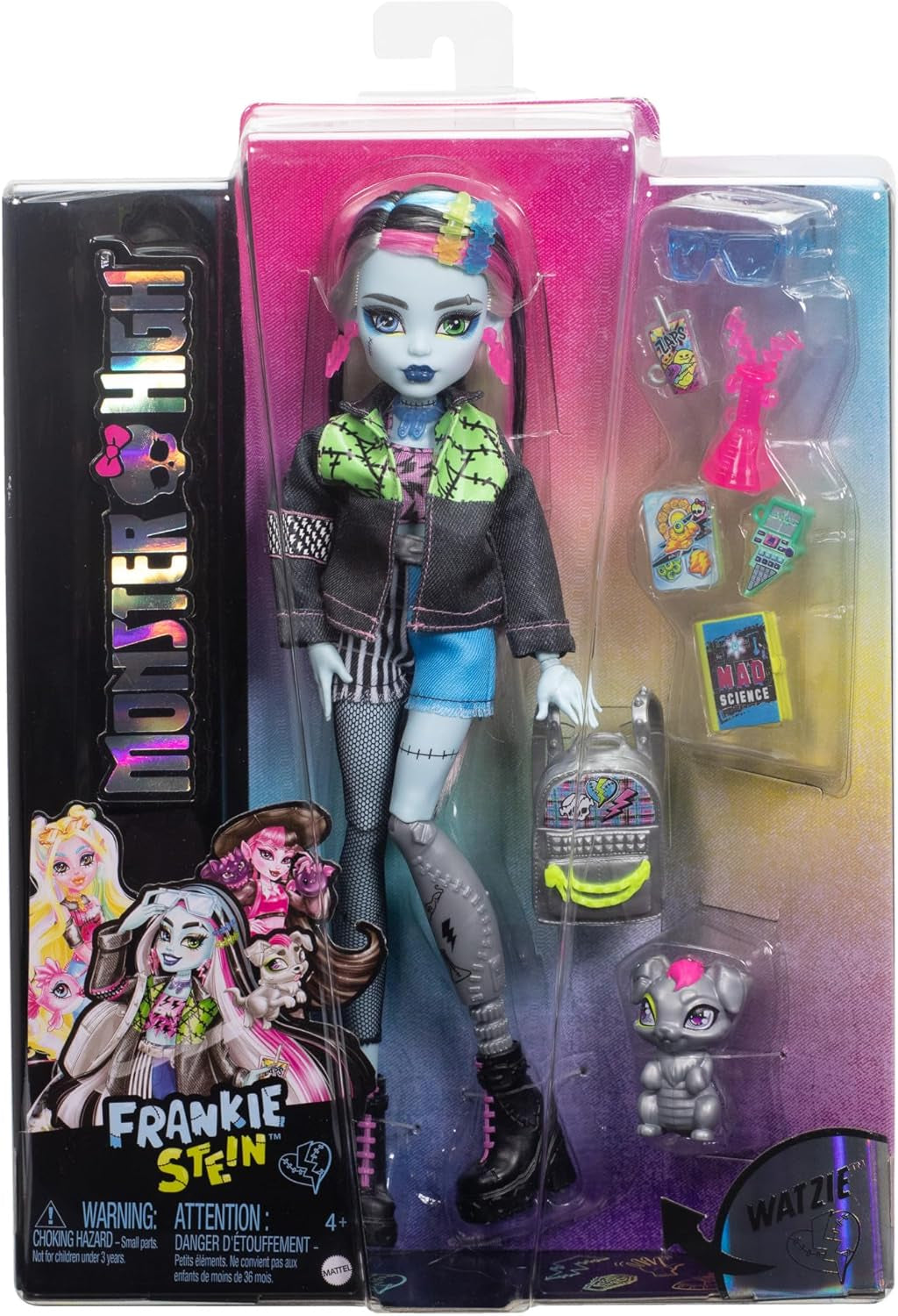 Kamenná panenka Monster High Frankie v džínové bundě a šortkách, obsahuje psa Watzie a příslušenství, jako je batoh, svačina a notebook, panenky HXH73 Naty Shop