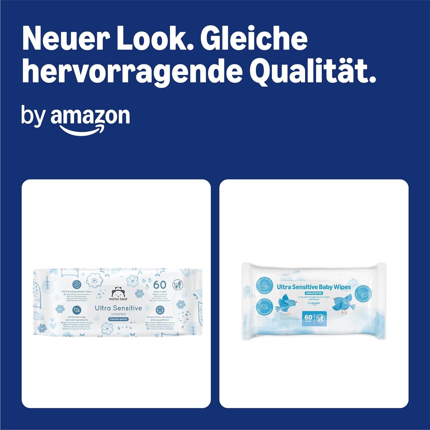 Dětské ubrousky Amazon Ultra Sensitive, 1080 ubrousků, neparfemované, 18 balení po 60 ubrouscích (dříve značka Amazon, identický produkt)