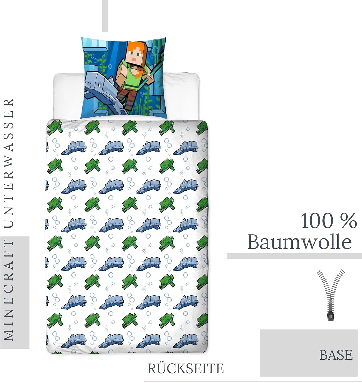 Minecraft Povlečení Kinderbettwäsche Jugendbettwäsche 135X200 · Unterwasserwelt · Wende Motiv · Kissenbezug 80X80 + Bettbezug 135X200 Cm · 100% Baumwolle · Deutsche Größe Naty Shop