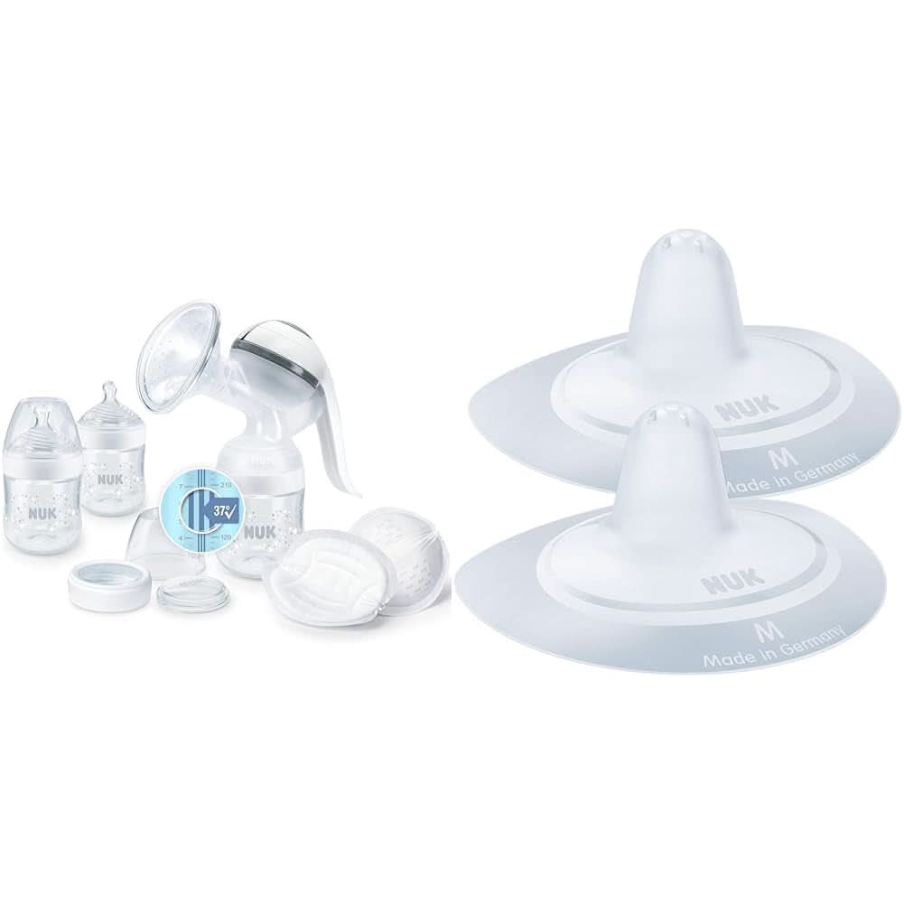 NUK Nature Sense Manuální odsávačka mateřského mléka | Kojící set s manuální odsávačkou mateřského mléka, lahvičkami a podložkami Ultra Dry Comfort | 6 kusů Příslušenství pro potraviny a kojení Bebe Naty Shop Balíček s ochranou bradavek S regulací teploty