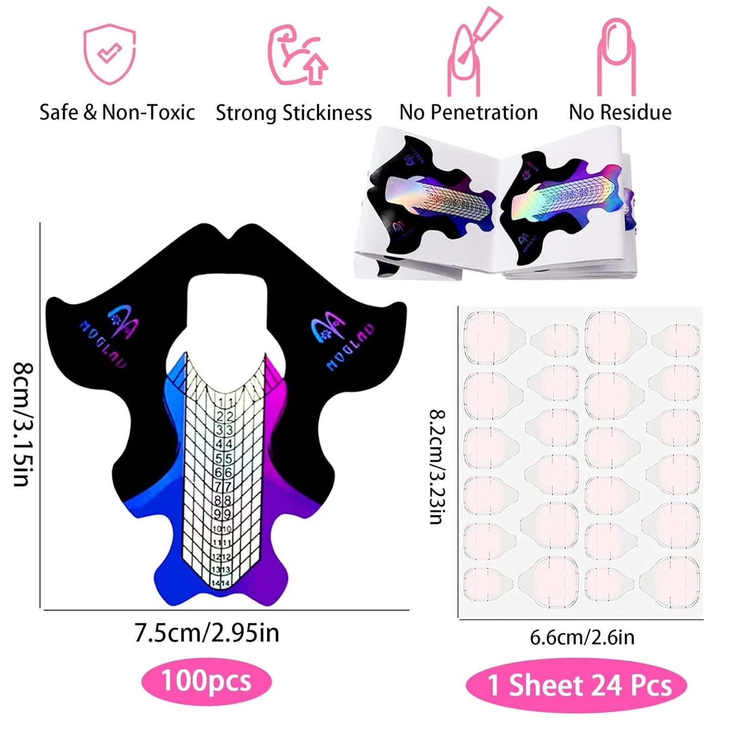 ® 100 šablon na nehty a 1 list 24 průhledných lepicích disků na nehty, šablony na prodloužení nehtů, samolepicí šablony na prodloužení nehtů gelem, příslušenství na umělé nehty