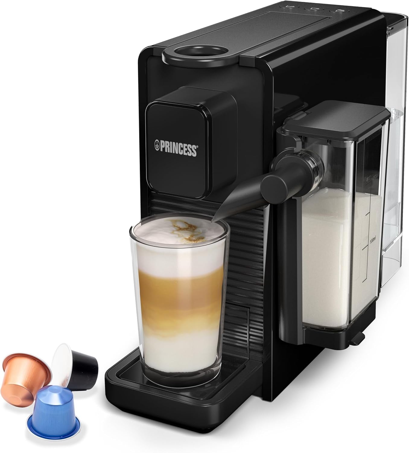 Princess 4v1 multikapsulový espresso kávovar - 1450 wattů, kapsle, kapsle, mletá káva, BPA free, 249450, 01.249450.01.001, černá, stříbrná