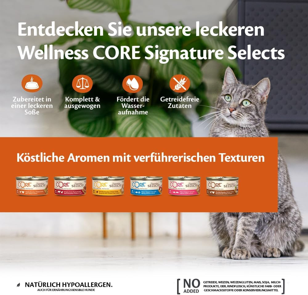 Wellness CORE Signature Selects 8 x 79 g, kuřecí a krůtí směs - mokré krmivo pro kočky, lahodné proužky v omáčce, bez obilovin, přírodní, hypoalergenní, s vysokým obsahem bílkovin, s vysokým obsahem masa