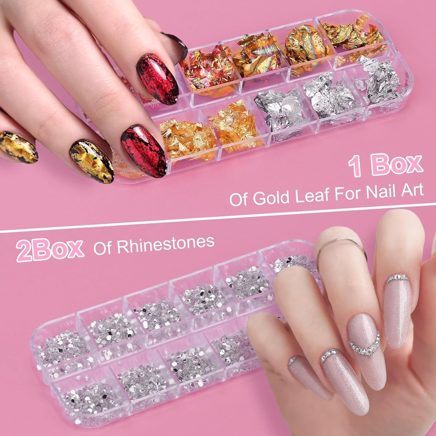53 Blätter Nagelsticker, Nail Art Pinsel Und Dekorationen Set, 15 PCS Pinsel, 5 PCS Dotted Pen, Strasssteine, Blattgold Für Nagelkunst, Nagel Pailletten, Nagelkunstwerkzeuge Und Dekorationssets