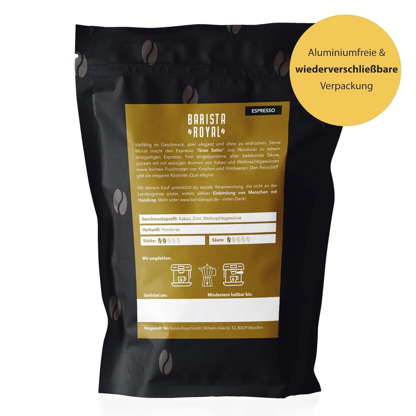 BARISTA ROYAL Bio Espressobohnen 1kg "Gran Señor" | Čerstvé Kaffeebohnen přímo z Hondurasu | 100% Arabica Espresso ganze Bohnen | Ideální pro plně automatické a Siebträger