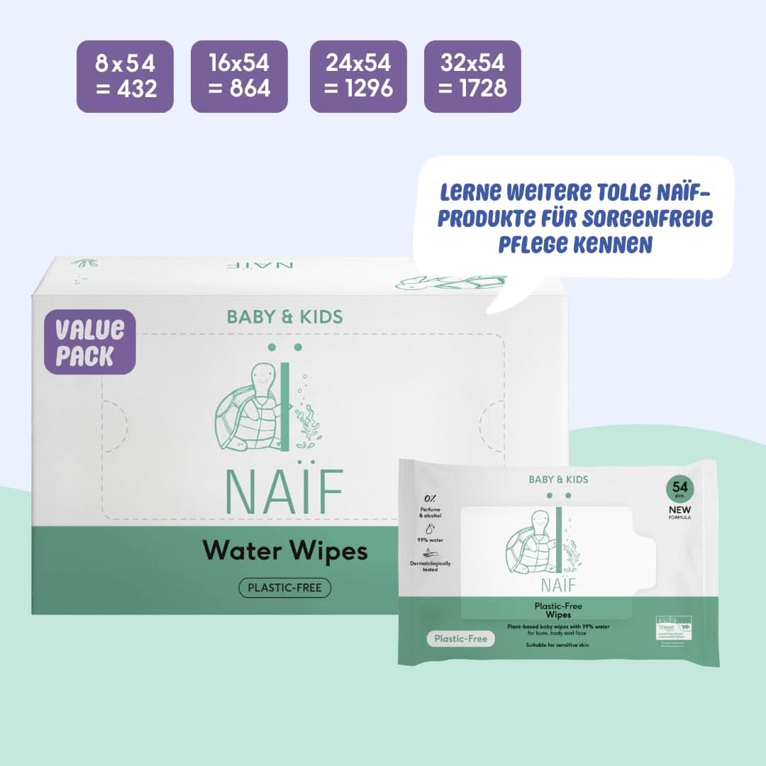 Naïf Plastikfreie Feuchttücher 432 Stück (8Er X 54 Feuchttücher) - Pflege Für Babypo, Körper Und Gesicht - 99% Aus Wasser - 0% Parfüm Und Alkohol - Nachhaltige Feuchttücherbox Eukalyptus Sensi