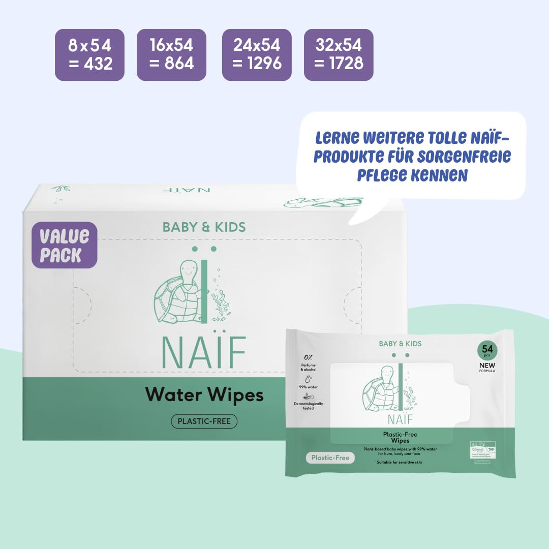 Naïf - Vlhčené ubrousky bez plastů - 1296 kusů (24 kusů X 54 vlhčené ubrousky) - Dětský zadeček, péče o tělo a obličej - 99 % voda - 0 % vůně a alkohol