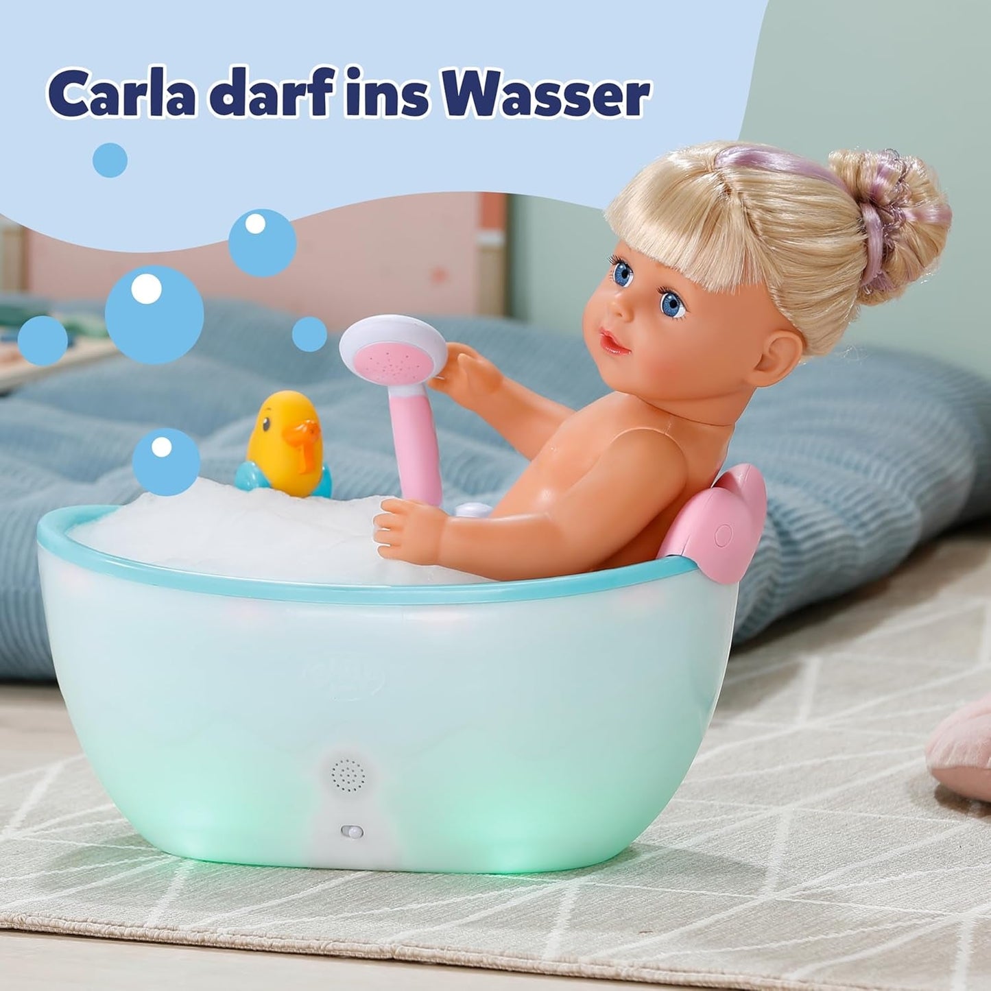 BABY born Carla - 43 cm panenka - kvalitní blond vlasy s pramínky - nejsou potřeba baterie - vhodné pro děti od 4 let - obsahuje 7 doplňků, růžová
