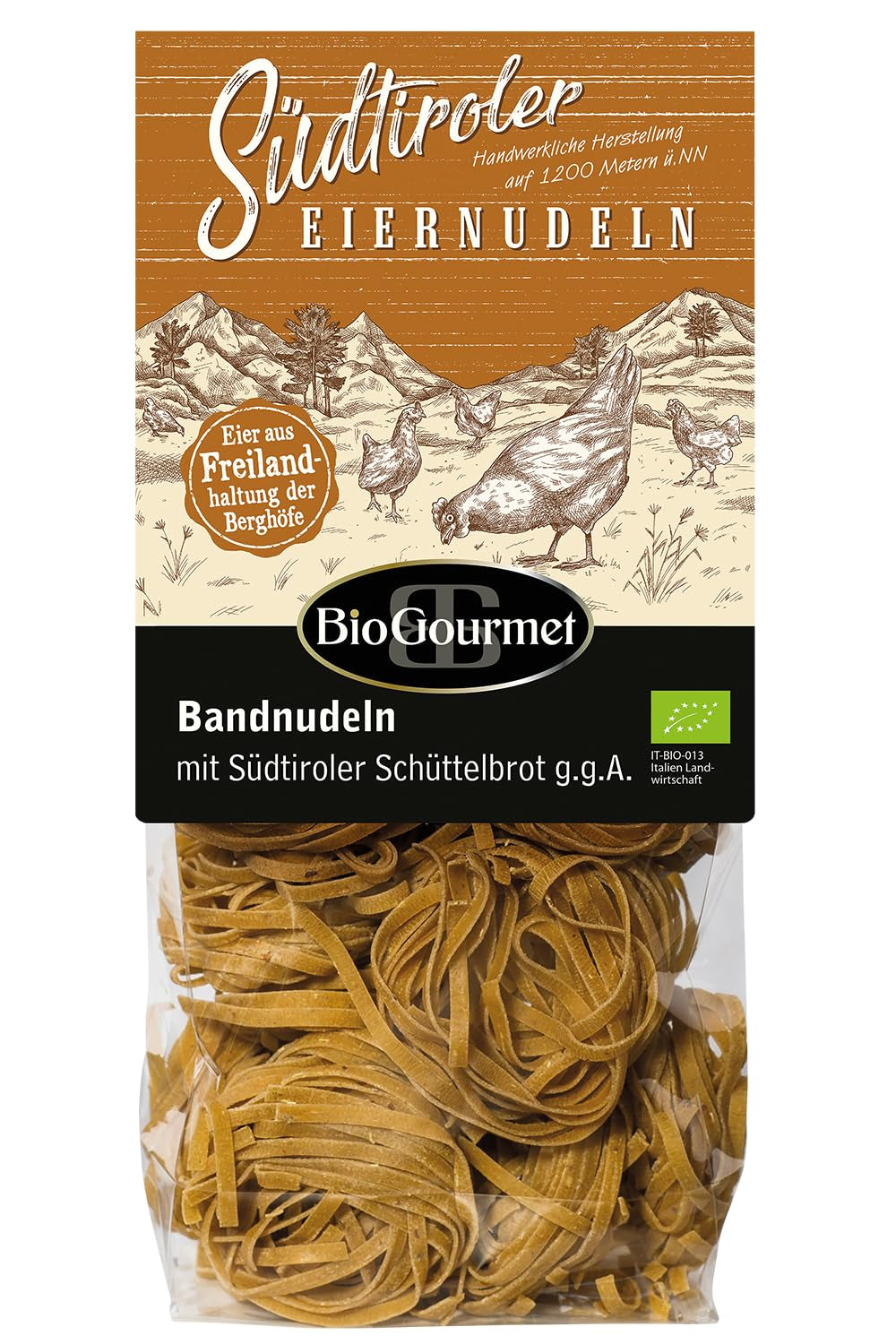 BioGourmet stuhové nudle se Schüttelbrotem z Jižního Tyrolska (CHZO) | Slané a ochucené vaječné nudle s pravou špetkou z Jižního Tyrolska | 1 x 250 g bio