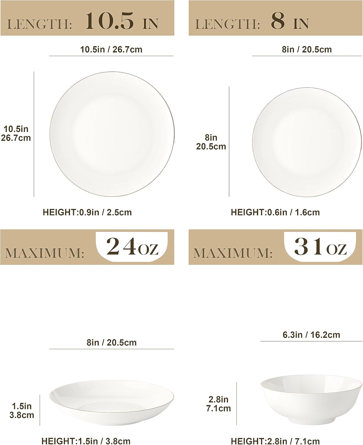 MALACASA Sada jídelního nádobí pro 4 osoby Bone China 16dílná sada nádobí Kulatý bílý se zlatým okrajem Kombinace Sada 4 talířů 4 dezertních talířů 4 talířů Suma a 4 misky na cereálie Řada NORI