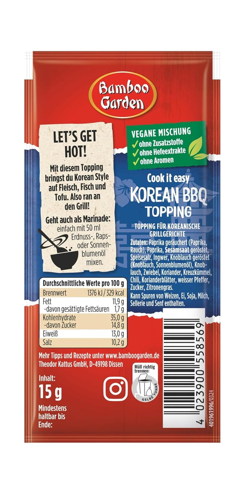Bambusová zahrada - korejská BBQ poleva | Gewürztopping zum Verfeinern von Koreanischen Grillgerichten | Vegan, přírodní ingredience | 15 g v sáčku