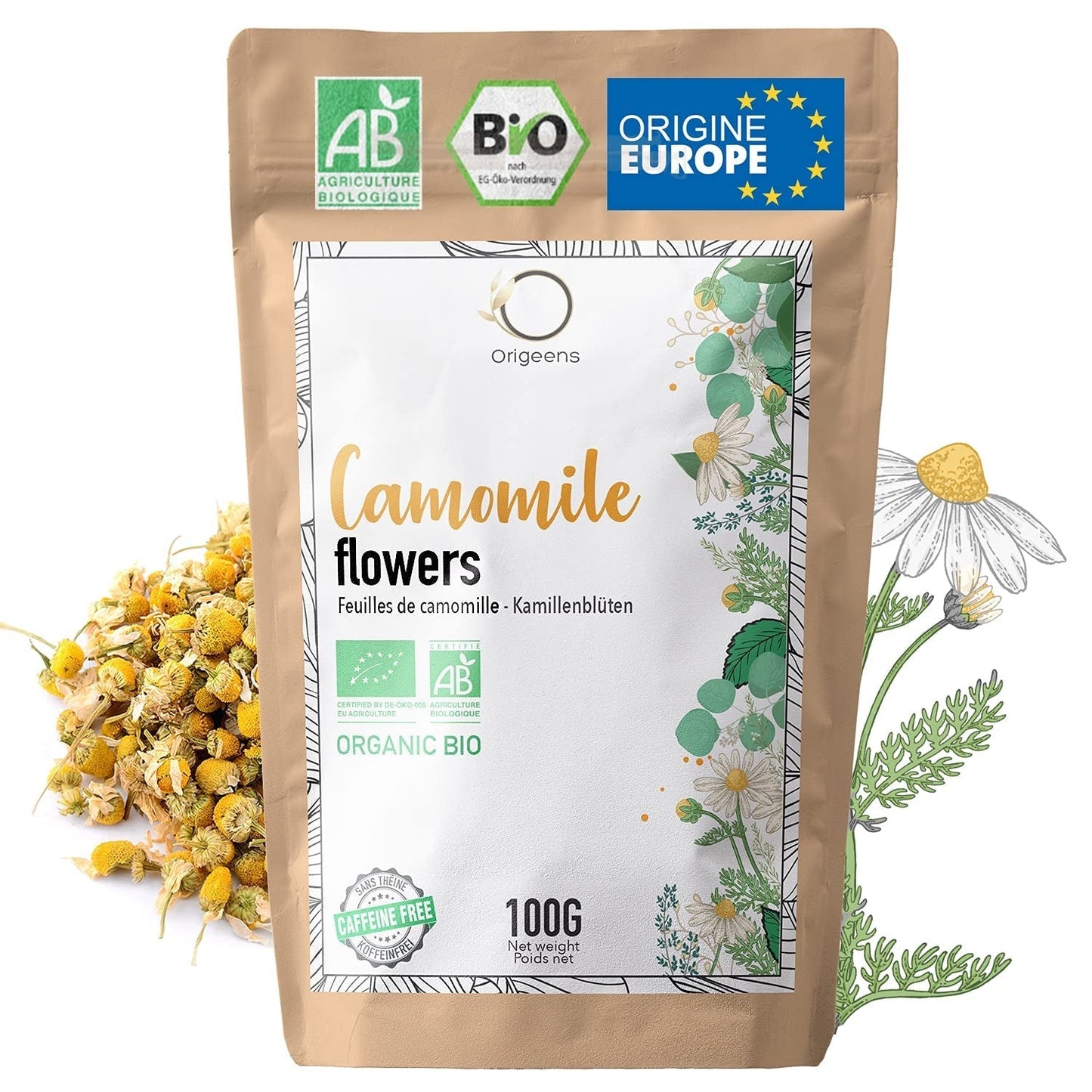 ORIGEENS Bio čaj z květů heřmánku z Evropy, 100 g | Sypaný čaj, bio čaj na spánek a trávení | Heřmánek německý | Certifikováno a zabaleno v Německu