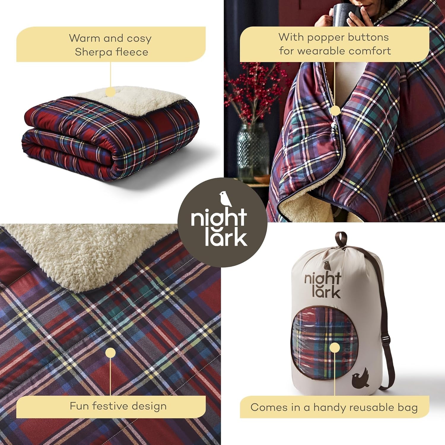 Night Lark Cozy Sherpa Fleece deka, klasický červený tartan, 9 Tog, luxusní, nadýchaná, silná a oboustranná, ideální na gauč, postel, gauč, gauč. Hypoalergenní, lze prát v pračce, Velikost: Postele a přikrývky Night Lark