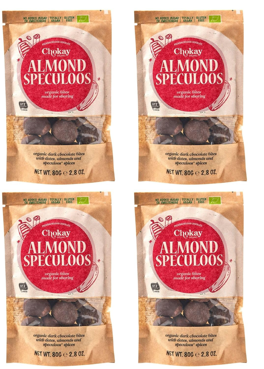 Sada 4 bio kousků - skořicové mandle/skořicové mandle v belgické hořké čokoládě/bez přidaného cukru, bez sladidel/VEGAN & FAIR TRADE / 4 x 85g