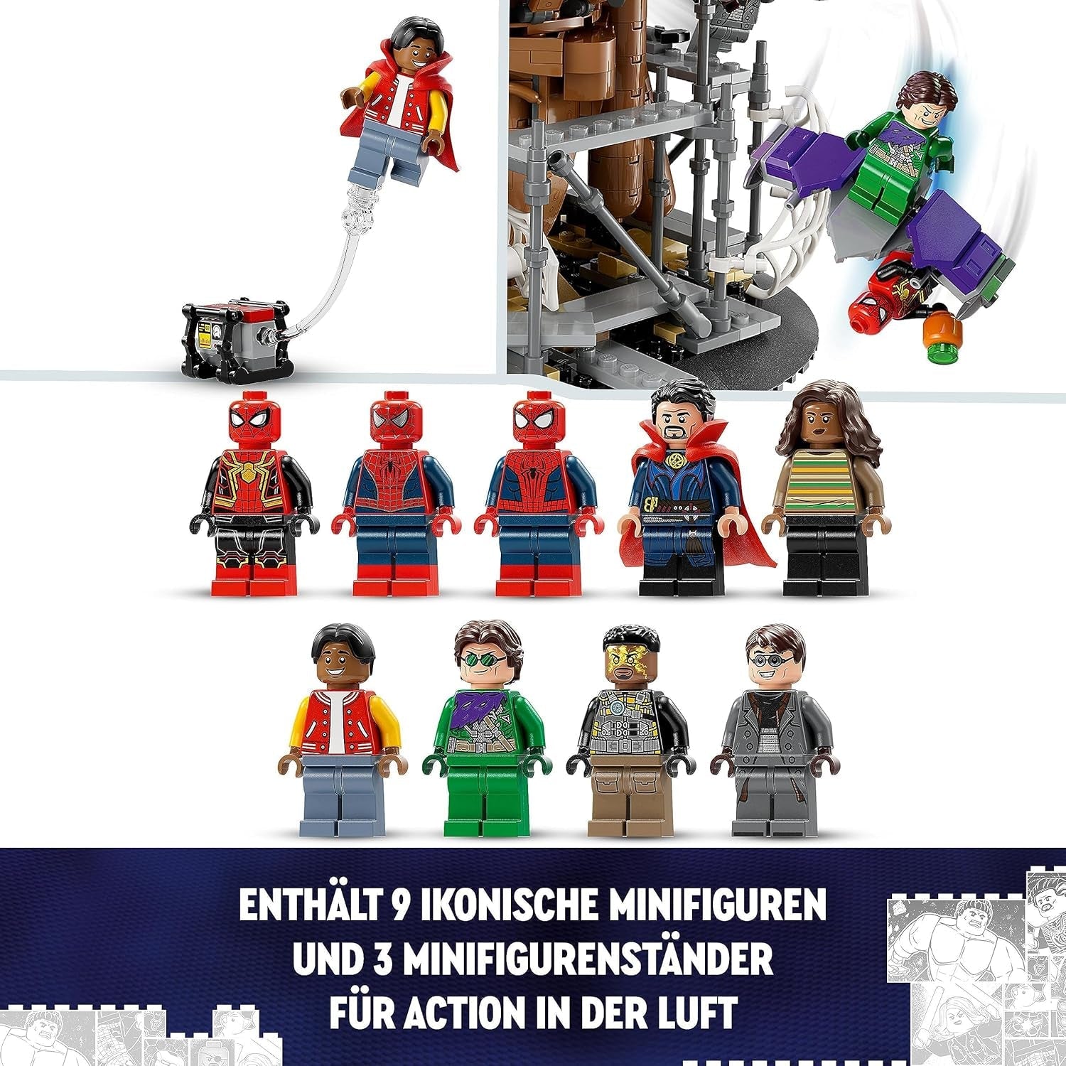 Sada LEGO 76261 Marvel Spider-Man's Big Showdown, Spider-Man: No Way Home se 3 minifigurkami Peterem Parkerem a zeleným skřítkem, Electro, Sandman, Ned, Doctor Strange a MJ, sběratelský model Stavebnice Besuche den LEGO-Store